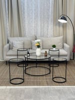 طقم طاولات ضيافة 5 قطع زجاج شفاف وهيكل حديد أسود د...