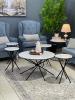 طقم طاولة اسود اكس5 قطع سطح خشب شكل رخام