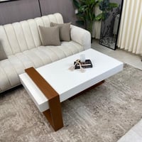 طاولة قهوة مستطيلة بلون أبيض وقاعدة خشبية – تصميم...