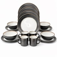 طقم سفرة بورسلان رمادي فاخر بحواف ذهبية – 16 قطعة