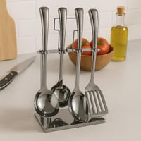 طقم أدوات مطبخ ستانليس ستيل بنقش أنيق مع حامل