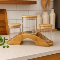 طقم برطمانات زجاجية مع قاعدة خشبية-3 قطع