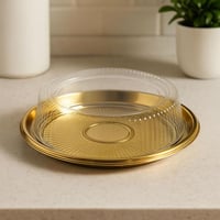 صينية تقديم دائرية ذهبية مع غطاء بلاستيكي شفاف