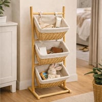 امل سلال تخزين ثلاثي من الخيزران مع سلال قماشية