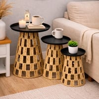 طقم طاولات جانبية فاخرة من الخوص مع سطح معدني اسود...