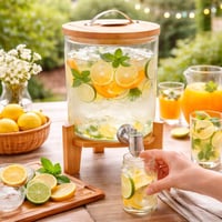 موزع مشروبات زجاجي مع حامل خشبي وصنبور ستانلس ستيل