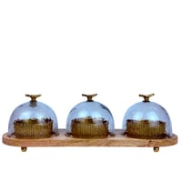 طقم تقديم مكسرات وتمور بثلاث حاويات بقاعدة خشبية و...