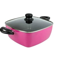 قدر طهي مربع غير لاصق بغطاء زجاجي - وردي 24سم