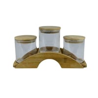 طقم برطمانات زجاجية مع قاعدة خشبية-3 قطع