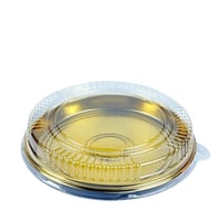 صينية تقديم دائرية ذهبية مع غطاء بلاستيكي شفاف