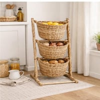 ستاند تخزين ارضي من الخشب مع ثلاث سلال خوص