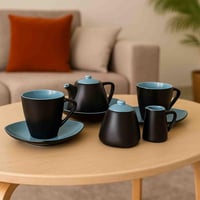 طقم شاي سيراميك فاخر باللون الأسود والأزرق السماوي...