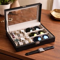صندوق تنظيم الساعات والنظارات الفاخر بغطاء شفاف