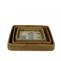 طقم صواني خيزران مستطيلة بنقشة فسيفساء ورود وأسماك