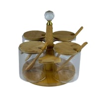 طقم حافظات توابل زجاجية بغطاء خشبي مع قاعدة دوّارة