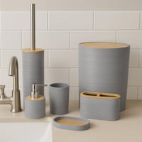 طقم إكسسوارات حمام رمادي بخامة مضلعة وغطاء خشبي