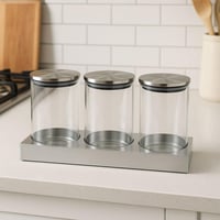 طقم برطمانات زجاجية بغطاء ستانلس ستيل وقاعدة -3قطع