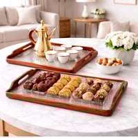 طقم صواني تقديم خشب مع قاعدة زجاج مطرّق ومقابض جان...