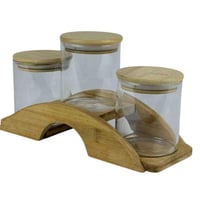طقم برطمانات زجاجية مع قاعدة خشبية-3 قطع