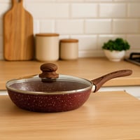 مقلاة جرانيت بغطاء زجاجي ومقبض خشبي- 26سم