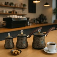 طقم ركوة قهوة شرقية فاخرة بنقوش إسلامية-بني