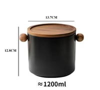 علبة تخزين سيراميك سوداء بغطاء خشبي ومقابض جانبية