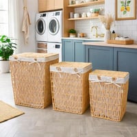 سلة غسيل وتخزين منسوجة ببطانة قماش مع غطاء