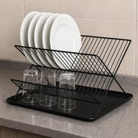 رف تجفيف الصحون المعدني المطلي بالأسود مع صينية