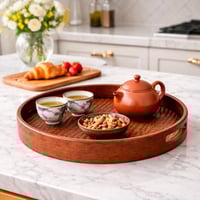 صينية تقديم خشبية دائرية فاخرة بقاعدة منسوجة