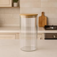 برطمان تخزين زجاجي بغطاء خشبي محكم – شكل أسطواني