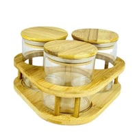 طقم برطمانات زجاجية مع حامل خشبي -3 قطع