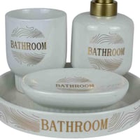 إكسسوارات حمام سيراميكي فاخر – أبيض بلمسات ذهبية