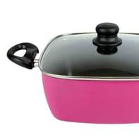 قدر طهي مربع غير لاصق بغطاء زجاجي - وردي 24سم