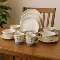 طقم سفرة سيراميك مزخرف 16 قطعة - أبيض وبيج بنقش أن...