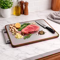 لوح تقطيع فاخر بوجهين خشب وستيل مع مقبض معدني