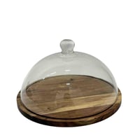 صحن تقديم بغطاء اكريلك وقاعدة دائرية خشبية