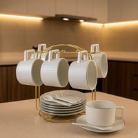 طقم فناجين قهوة بورسلان أبيض مع صحون وملاعق بتصميم...