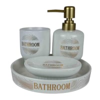 إكسسوارات حمام سيراميكي فاخر – أبيض بلمسات ذهبية