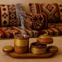 طقم مبخرة خشبي هندي فاخر بنقوش ذهبية