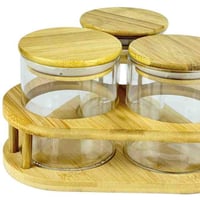 طقم برطمانات زجاجية مع حامل خشبي -3 قطع