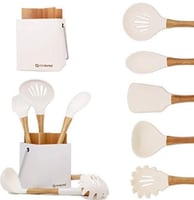 طقم أدوات طبخ سيليكون أبيض بمقبض خشب الزان – 5 قطع...