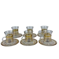 طقم بيالات شاي زجاجية مزخرفة مع صحون تقديم – عدد 6...