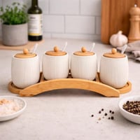 طقم علب بهارات سيراميك باربع قطع مع حامل خشبي