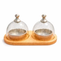 طقم تقديم تمر ومكسرات مع غطاء زجاجي وقاعدة خشبية