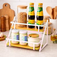 رف منظم مطبخ طبقتين معدن وخشب