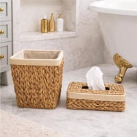 طقم سلة مهملات وعلبة مناديل من الخوص الطبيعي