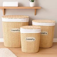 سلال غسيل بخامة الخوص الطبيعي – طقم من ثلاث قطع