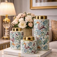 طقم فازات ديكور فاخر بنقوش نباتية أنيقة – 3 قطع