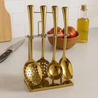 طقم أدوات مطبخ ستانليس ستيل مطلي بالذهب مع حامل