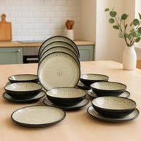 طقم سفرة سيراميك أنيق من 16 قطعة – أبيض منقط بحواف...